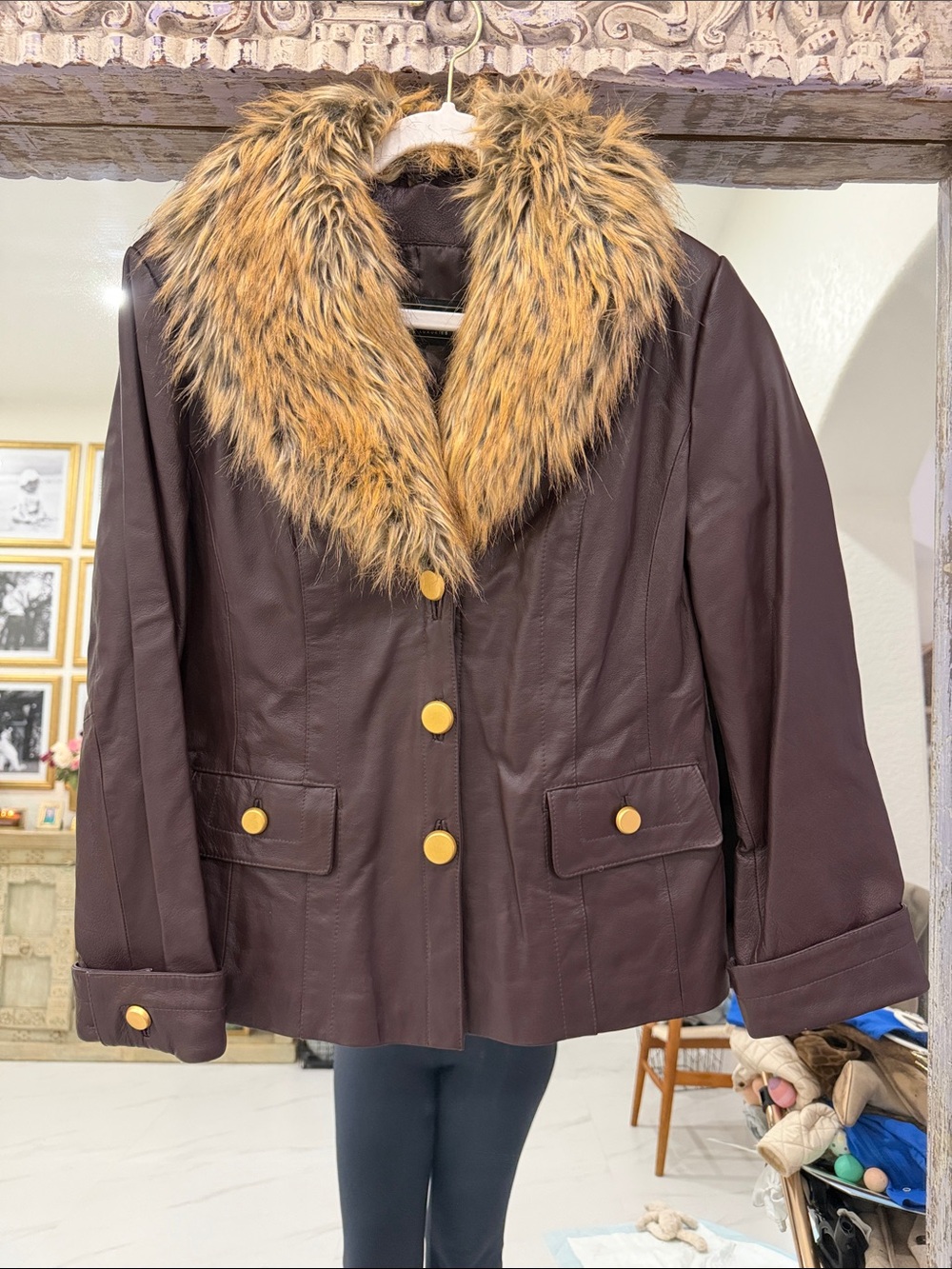 Terry Lewis Classic Luxuries Chocolate Brown Leather Jacket with Faux Fur Collar